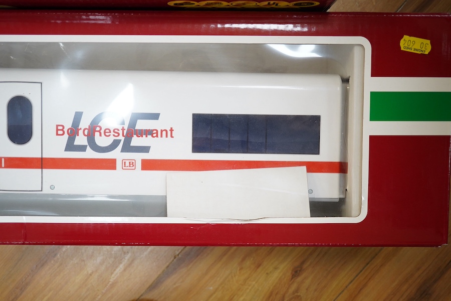 A boxed LGB G scale (45mm gauge) LCE train set (78600) together with an additional restaurant car (30604). Condition - good.